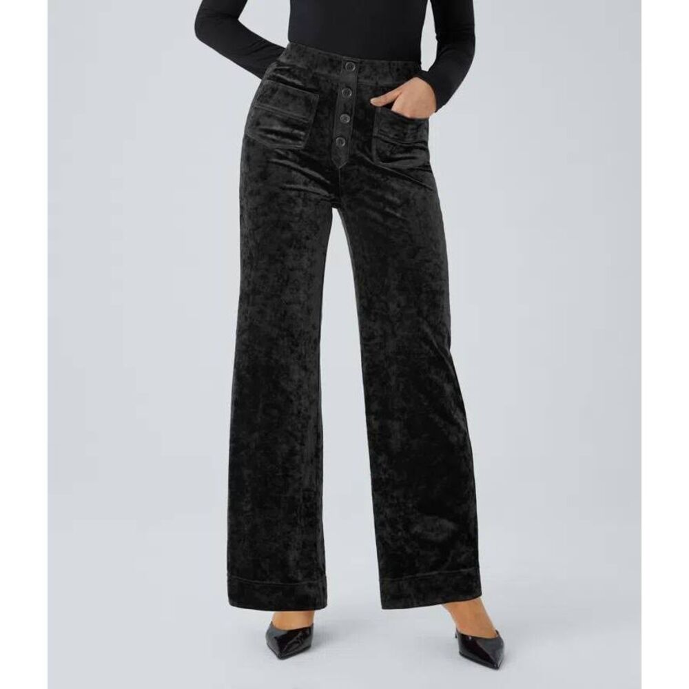 Halara Black stretch crushed velvet high waisted wide straight leg pants L